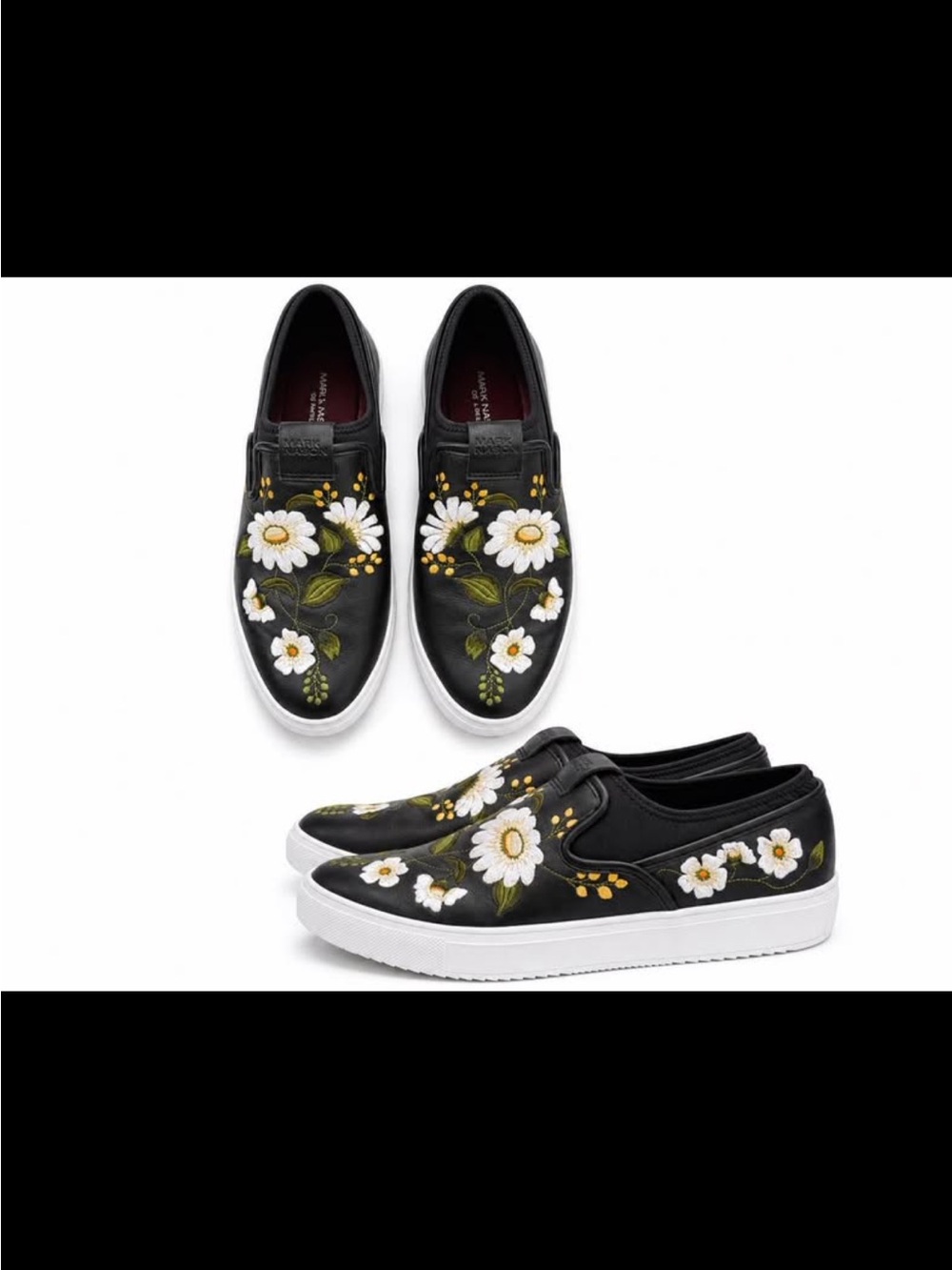 Mark Nason Black Leather Floral Embroidered Slip-On Sneakers
